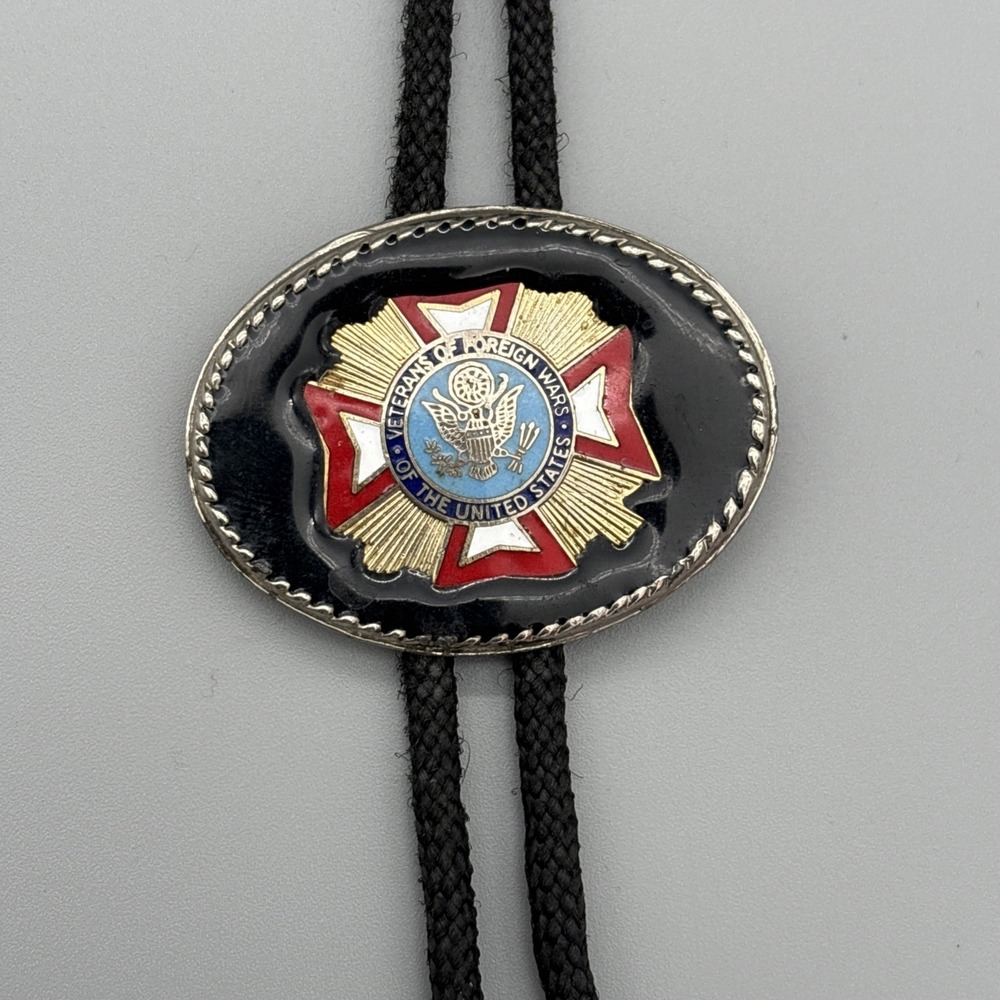 Vintage Veterans of Foreign Wars VFW Bolo Tie Metal & Enamel - Picture 2 of 6